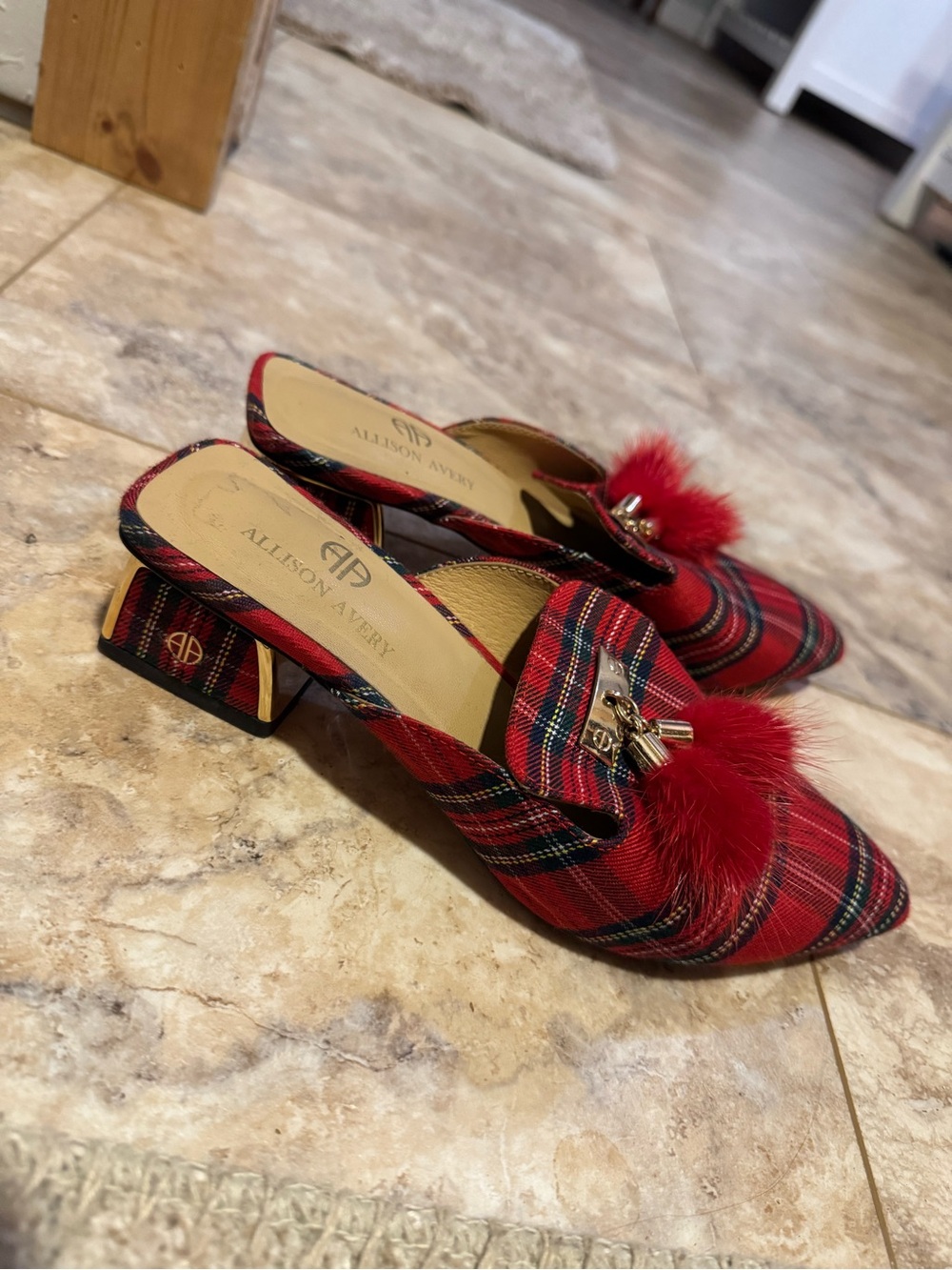 Red Plaid Pom Mule Heels